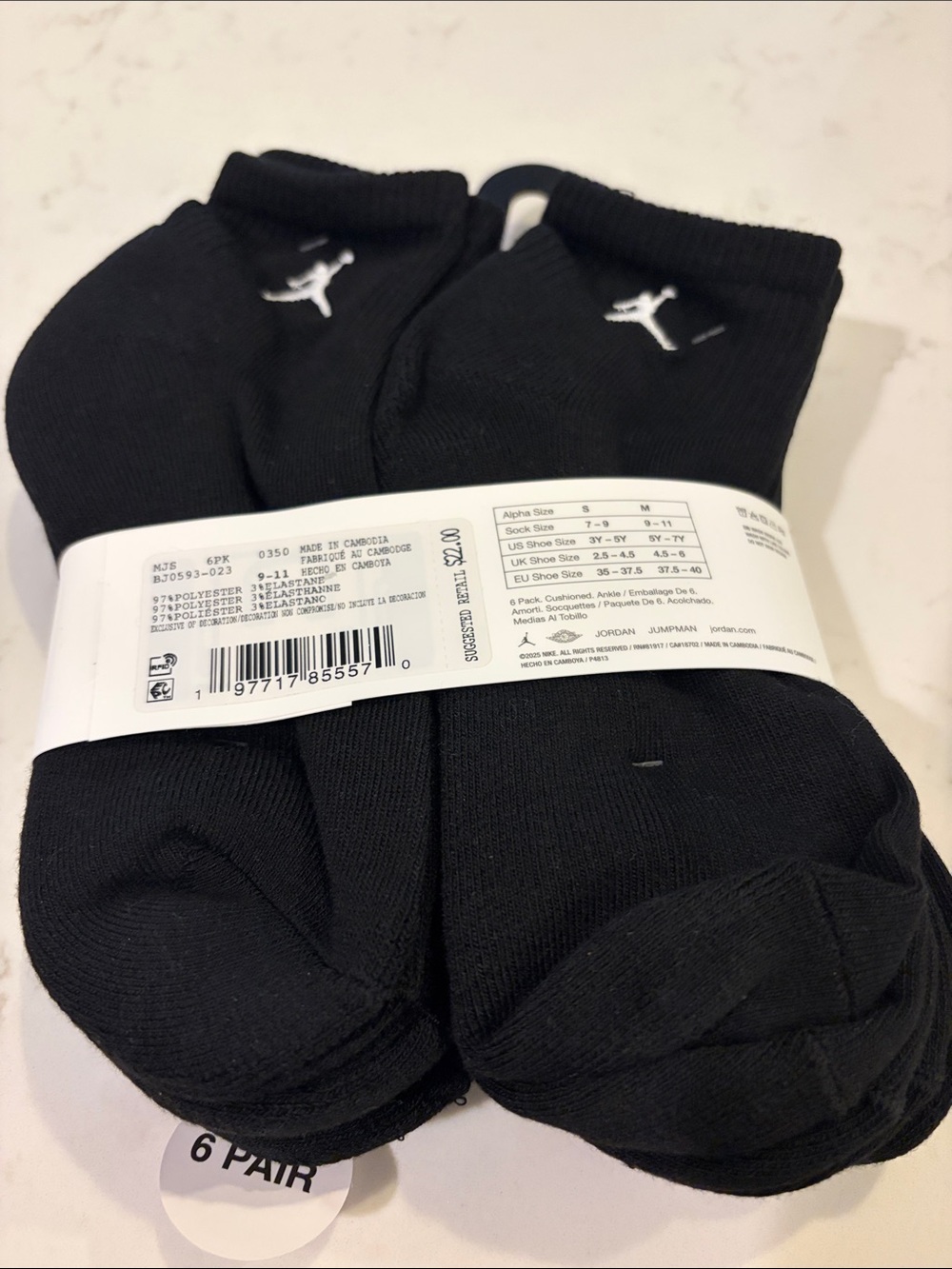 Jordan Black Ankle Athletic Socks - 6 Pack - Picture 2 of 3